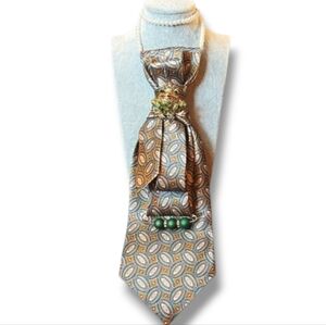 Paisley Silk One Of A Kind Cravat Necklace with Frog and Green Accent Brooches
